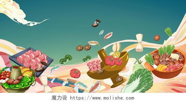 绿色手绘中国风手绘国潮美食海报背景